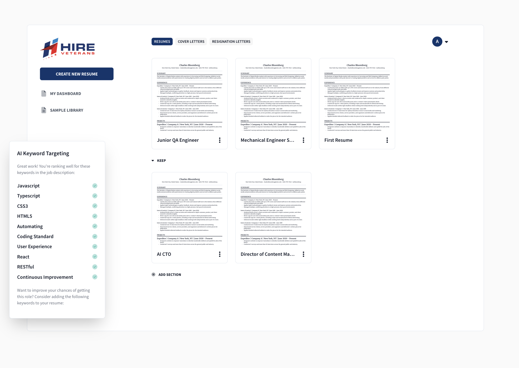 Hire Veterans career dashboard showing resume management and AI keyword targeting